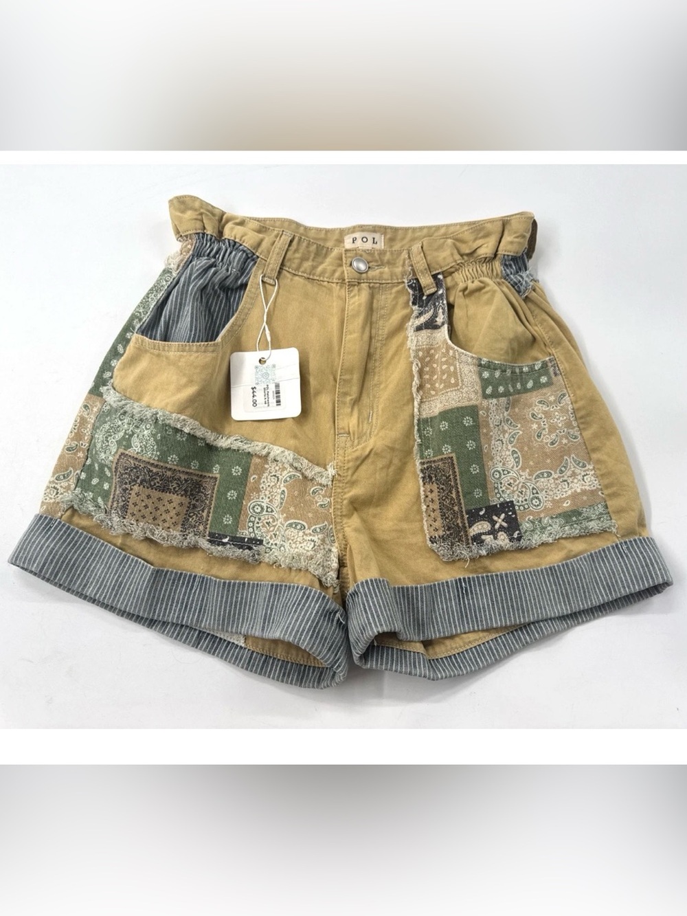 POL Womens Patchwork Shorts S 4-6 Yellow Canvas High Waist Artsy Hippie Boho NEW
